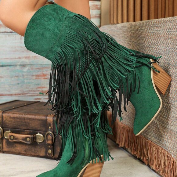 Green Western Women's Knee-High Faux Suede Cowboy Boots - Picture 4 of 7